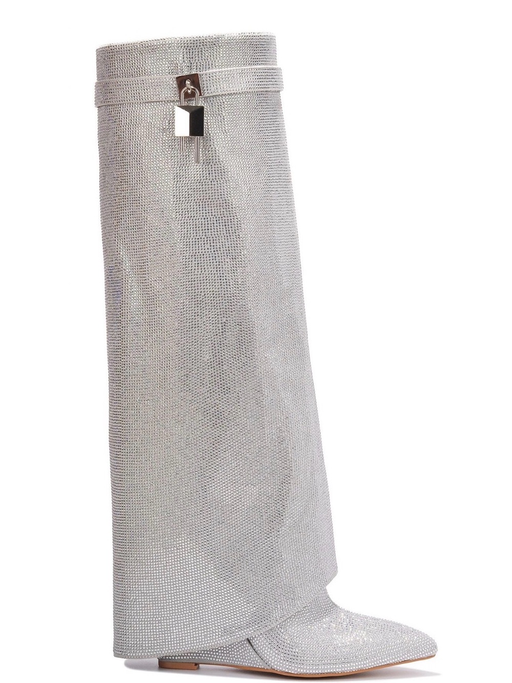 NEW 5.5 Silver Rhinestone Knee-High Boots with Lock padlock detail shark boots